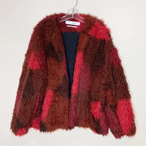 NEW IRO Sechura Patchwork-Effect Faux Fur Jacket *Mixed Red* Sz FR 44 / US 12 - Picture 4 of 16
